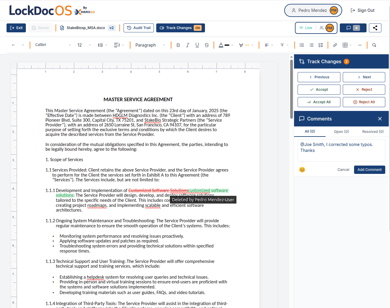 LockDocOS document editor with track changes and comments