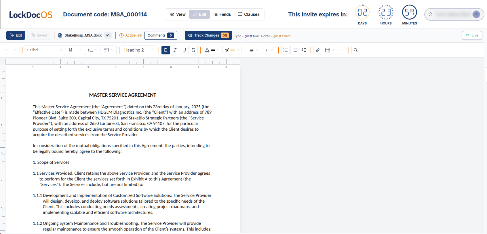 LockDocOS contract workspace showing a countdown until a shared-document invite expires.